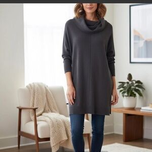 JOAN VASS NY Black Cowl Neck Sweater Rayon Blend Tunic Length  XS  NWOT